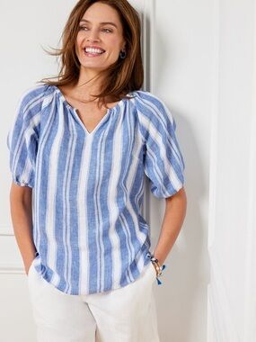 Talbots Casual Blue White Linen Stripe Top Large Short Sleeve Summer